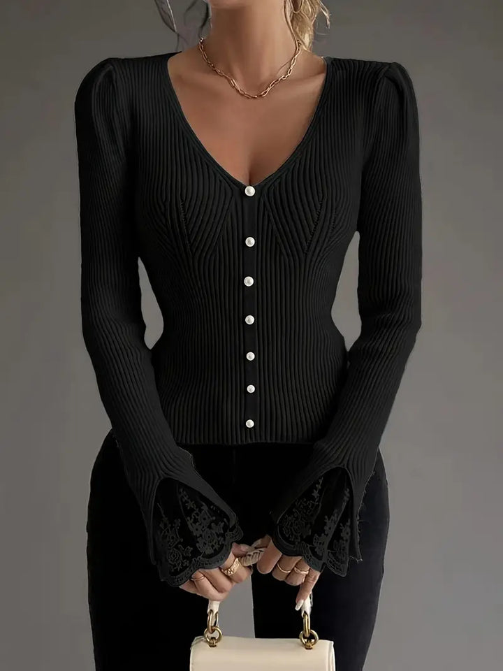 V-Ausschnitt Rippentop Cardigan für Damen mit ärmeln und Blumenmuster