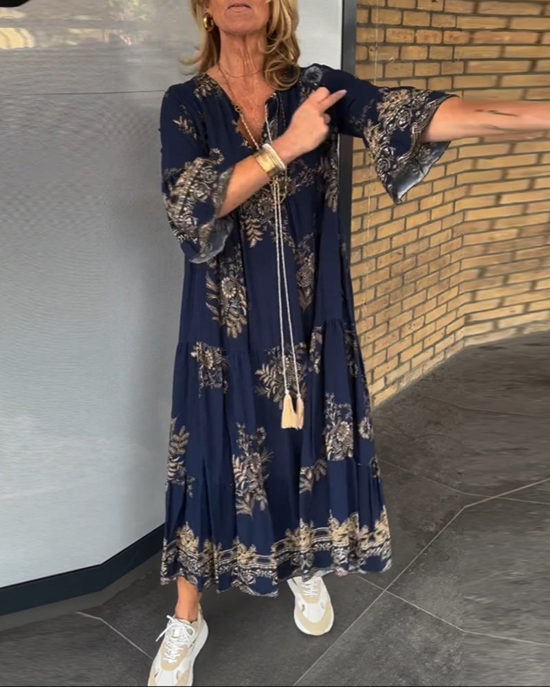 Rose | Vintage Lockerer V-Ausschnitt Midi-Kleid für Damen