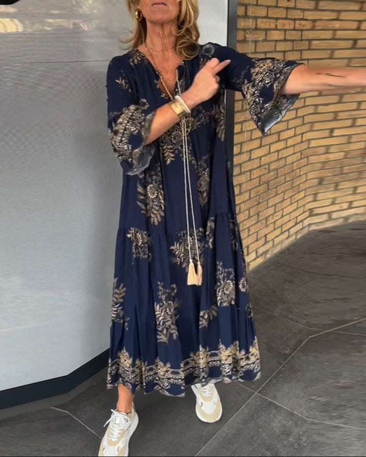 Rose | Vintage Lockerer V-Ausschnitt Midi-Kleid für Damen