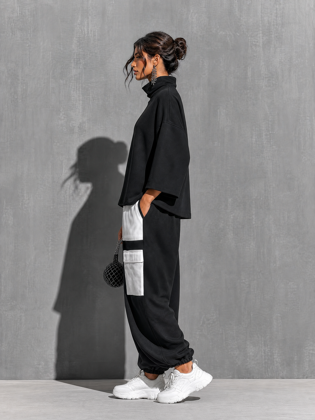 Damen Sweatshirt-Set mit Jogger-Cargohose und Taschen