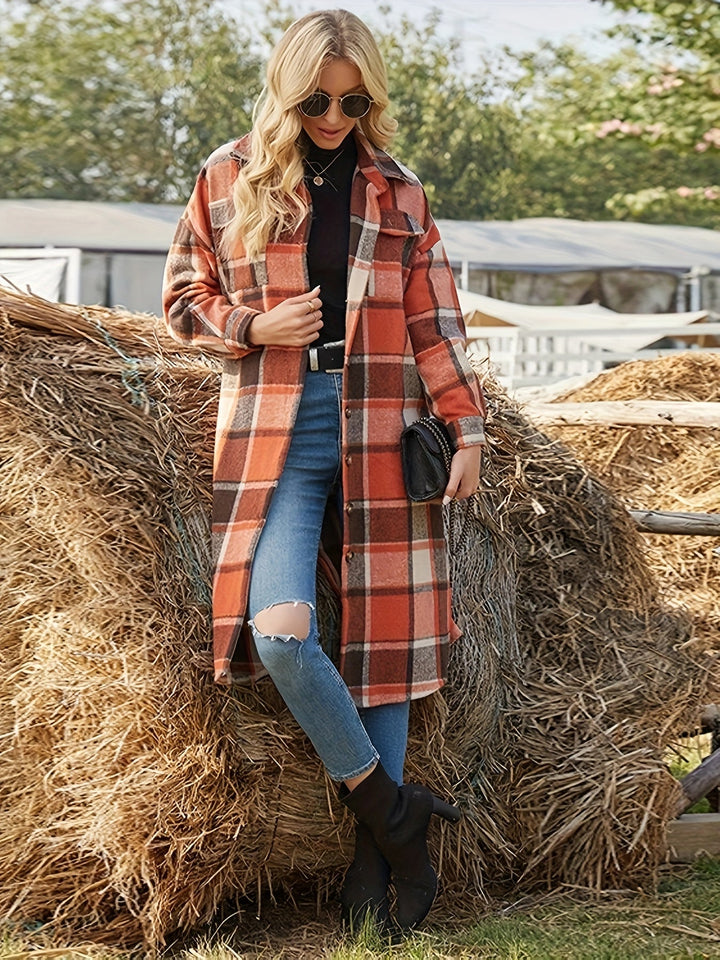 Talia | Damen langer karierter Mantel mit Knöpfen und Taschen