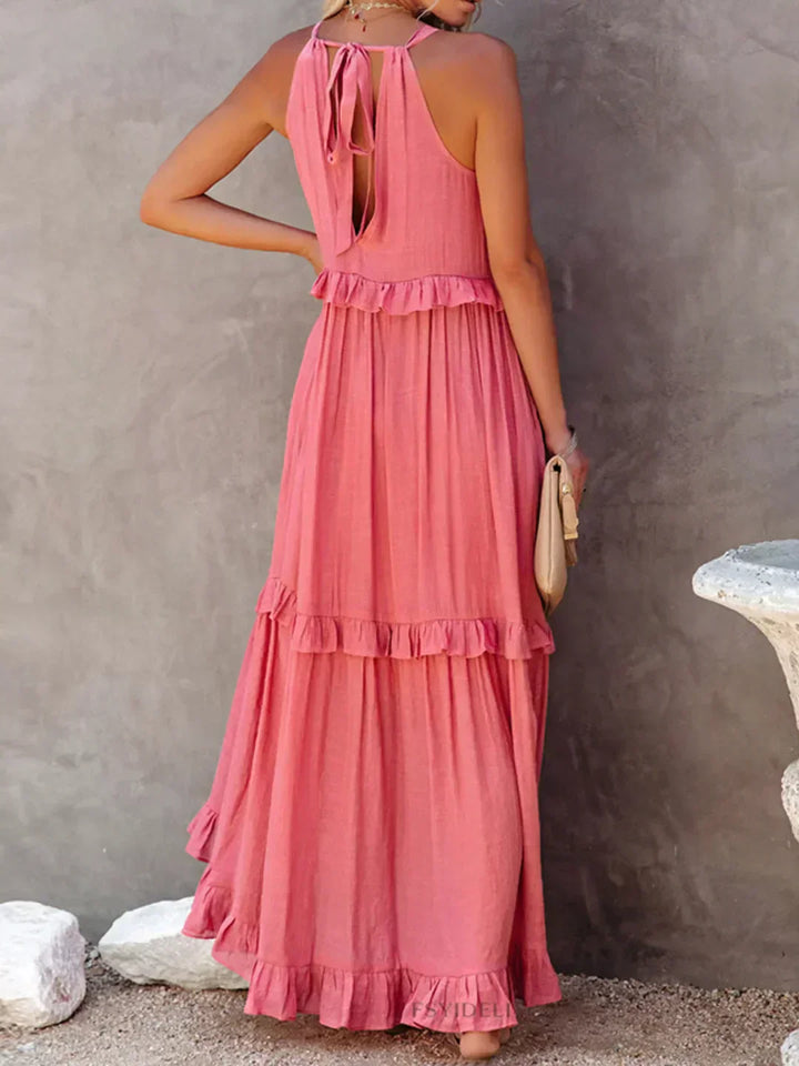 Emilia | Halter Ruffle Maxi Kleid mit langen Ärmeln