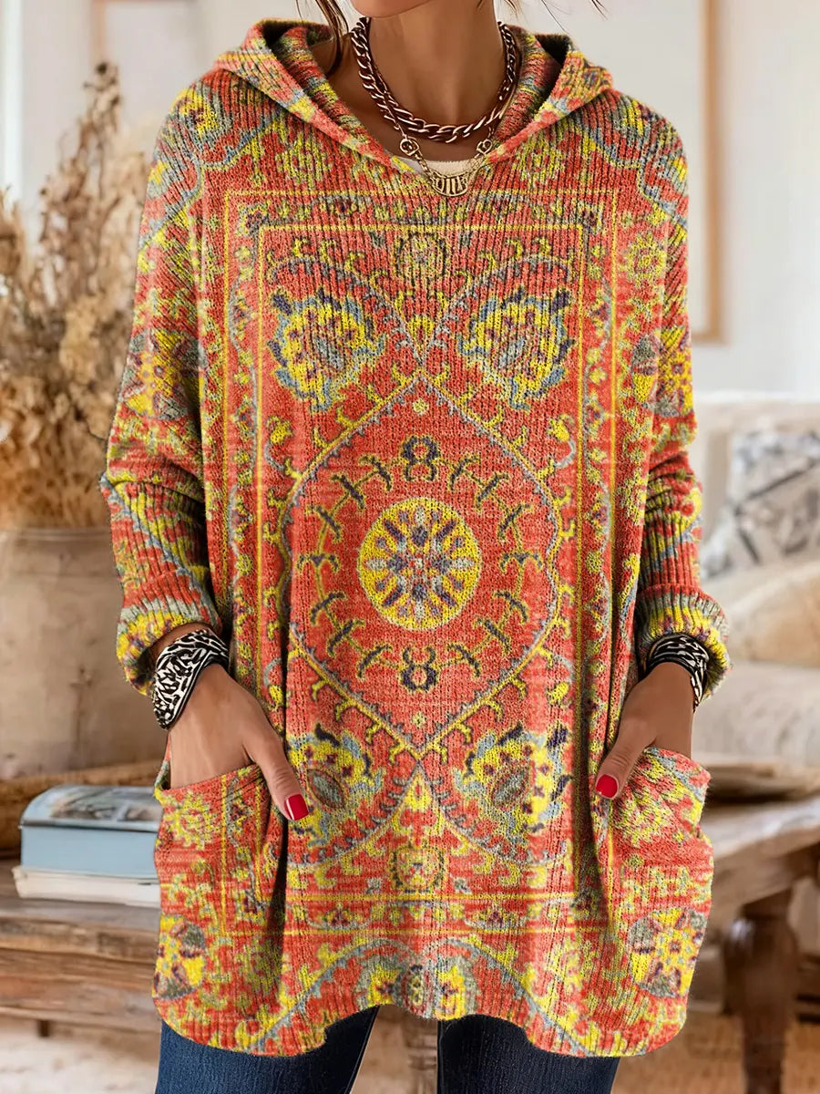 Vintage-inspirierte Kapuzenstrick-Tunika für Damen mit Taschen und ethnischem Druck