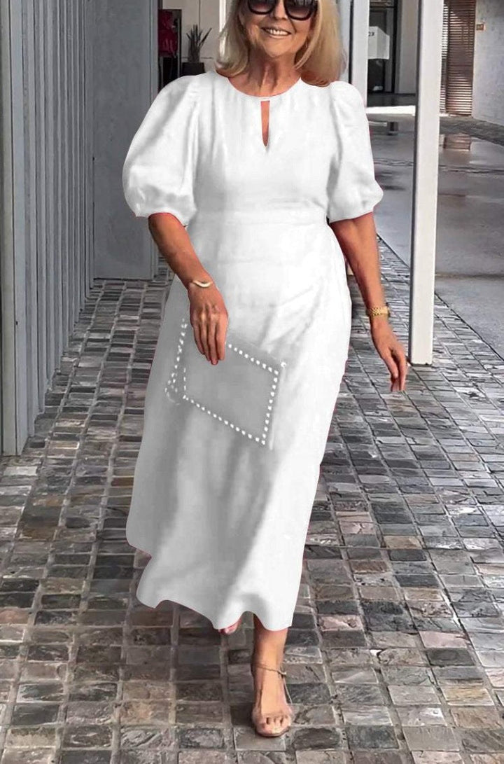 Juliana | Elegantes Midikleid für Damen mit Puffärmeln und Rundhalsausschnitt