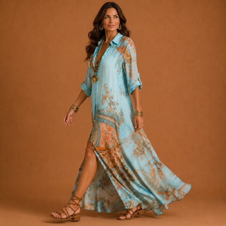 Pia | Damen Maxikleid mit Hemdkragen und Seitenschlitz