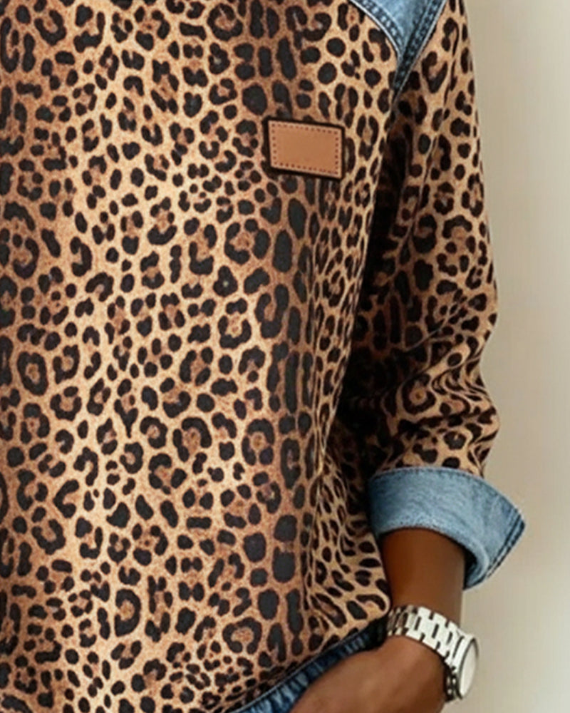 Leopardenmuster Denim Patchwork Pullover für Damen mit Rundhalsausschnitt