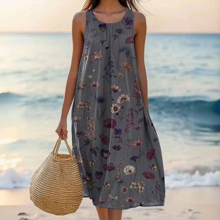 Sarita | Vintage Floral Midikleid für Damen mit Rundhalsausschnitt