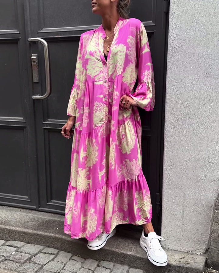 Diana | Bequemes Patchwork-Maxikleid für Damen mit V-Ausschnitt und langen Ärmeln