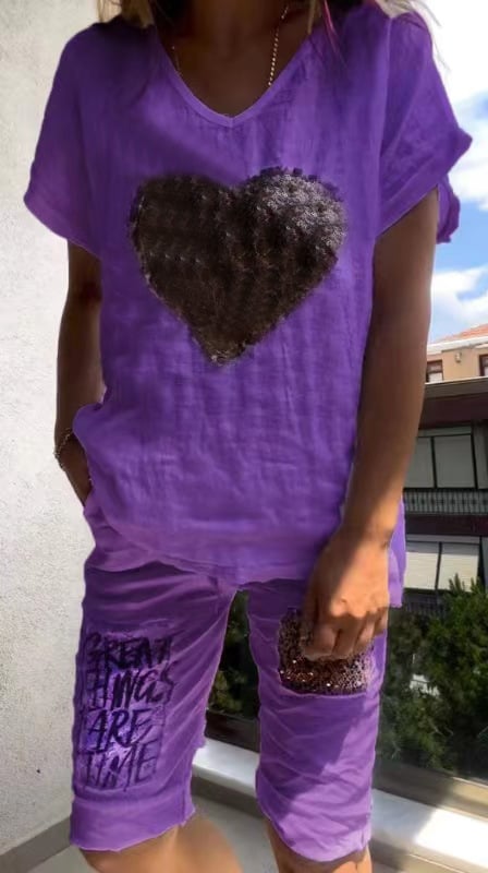 Dianella | Funkel Herz Set für Damen mit V-Ausschnitt und kurzen Ärmeln