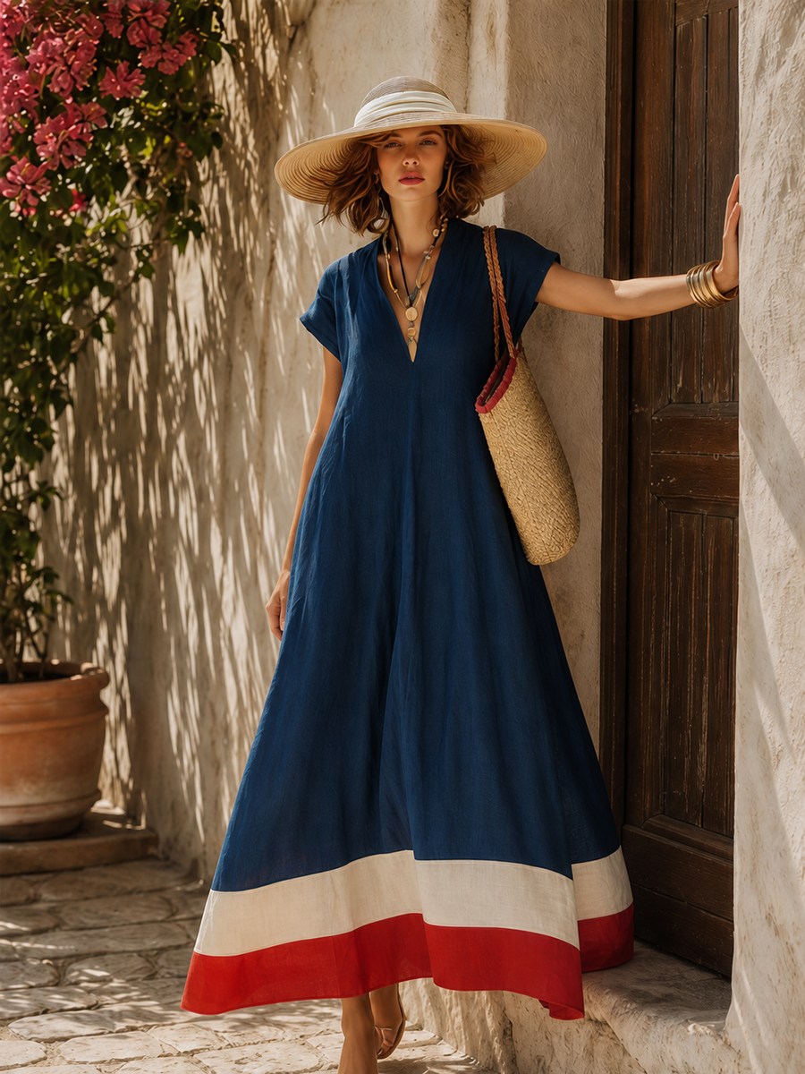 Damen V-Ausschnitt Maxikleid mit kurzen Ärmeln