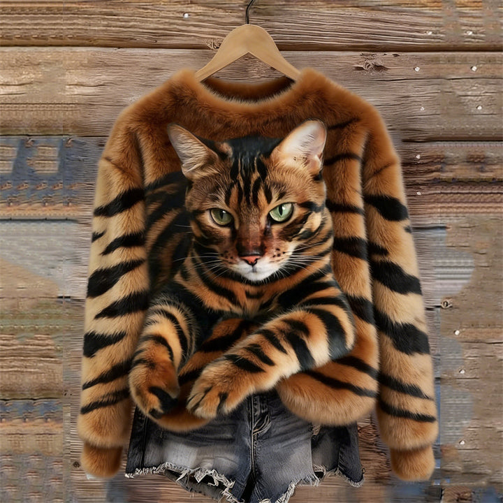 Gemütlicher Plüsch-Sweatshirt für Damen mit einem Tiger- und Tabby-Kätzchen-Design