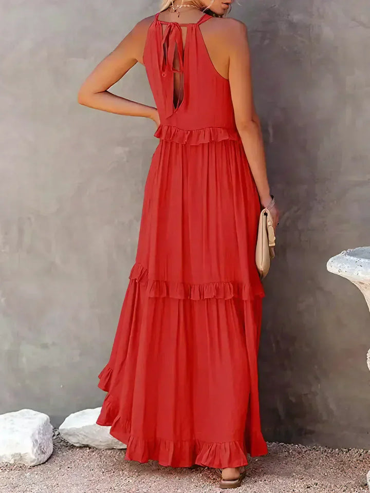 Emilia | Halter Ruffle Maxi Kleid mit langen Ärmeln