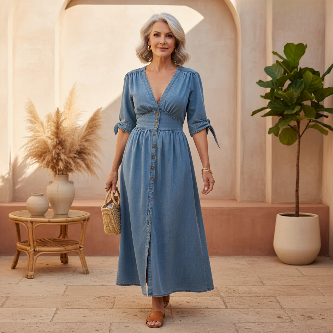 Zaya | Elegantes Casual Maxikleid für Damen mit V-Ausschnitt und 3/4-Ärmeln