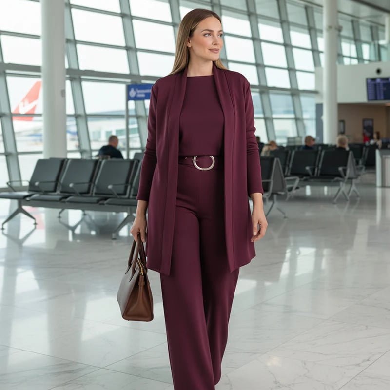 Schickes 3-teiliges Ensemble: Langer Cardigan, Top und Hose für Damen