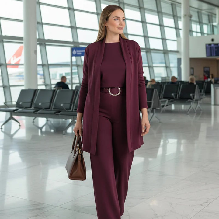 Schickes 3-teiliges Ensemble: Langer Cardigan, Top und Hose für Damen