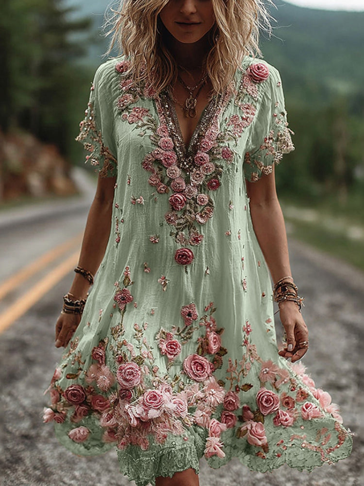 Ruby | Blossom bestickte V-Ausschnitt Midikleid für Damen