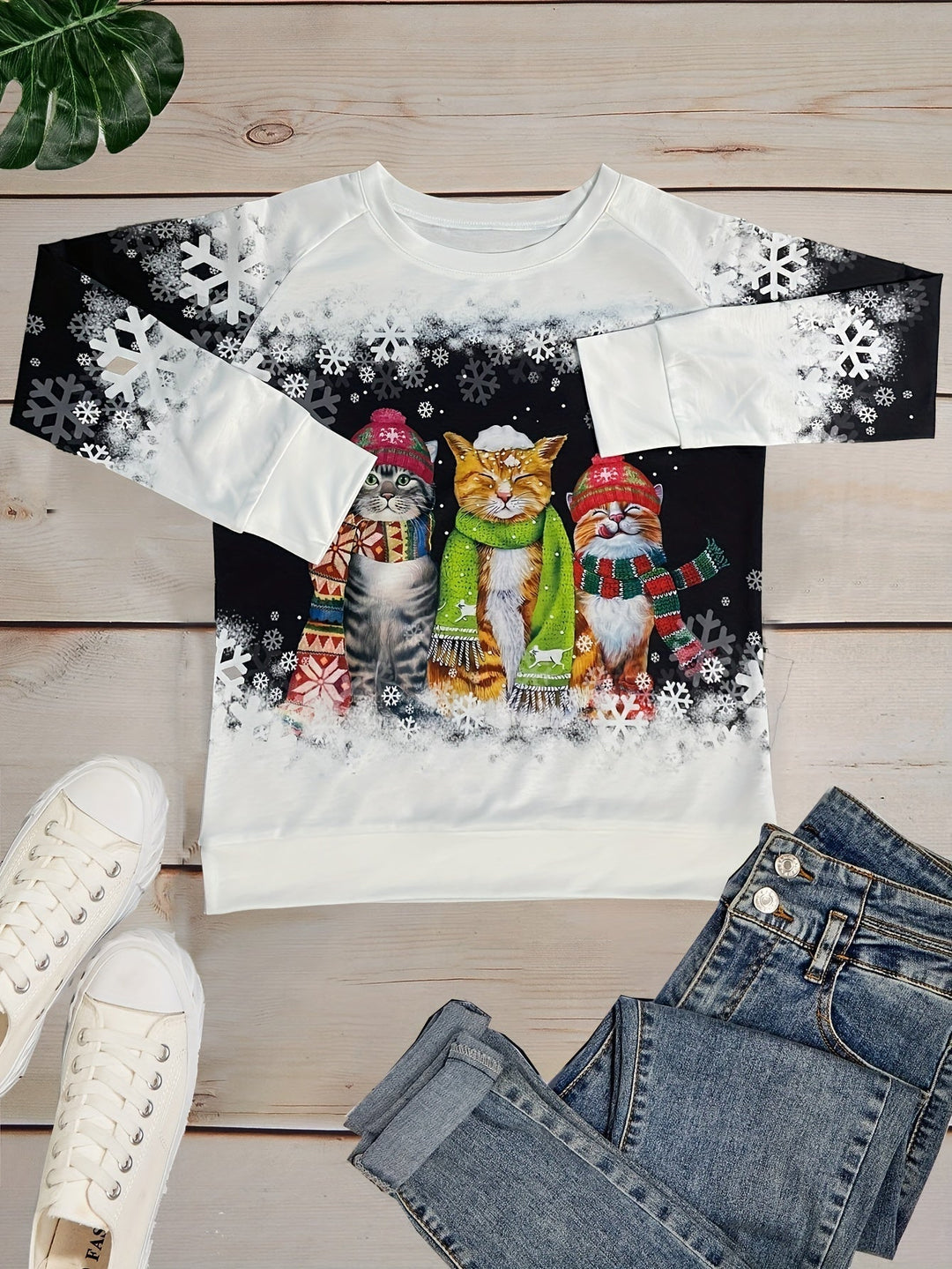 Nele | Warmes Winter Top für Damen mit Schneekatzen Print