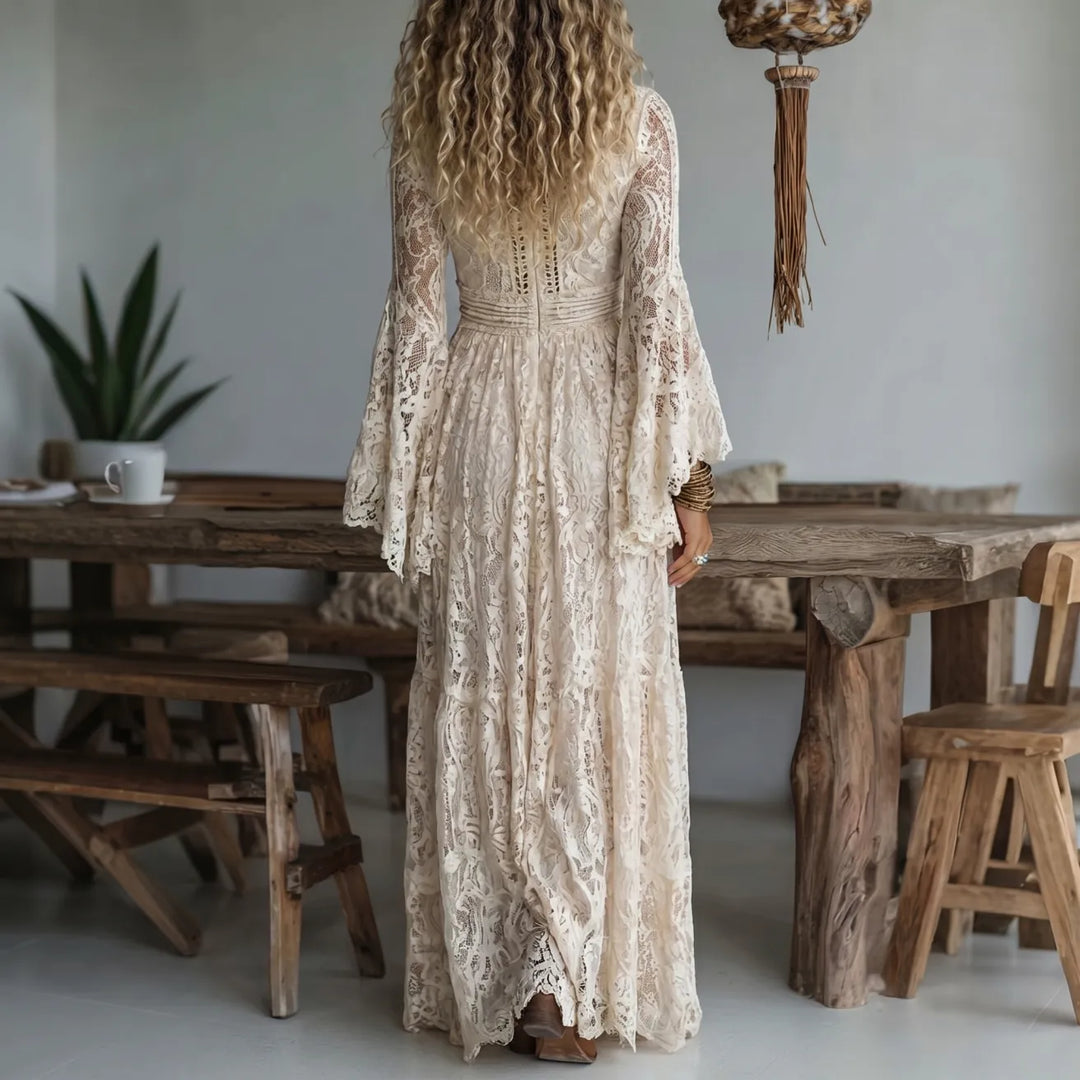 Ines | Damen Maxikleid mit langen Ärmeln und Spitze im V-Ausschnitt