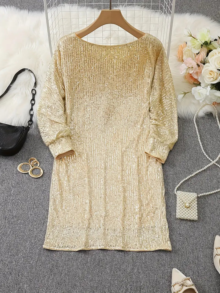 Chic Pailletten Feierkleid für Damen mit Rundhalsausschnitt und 3/4-Ärmeln