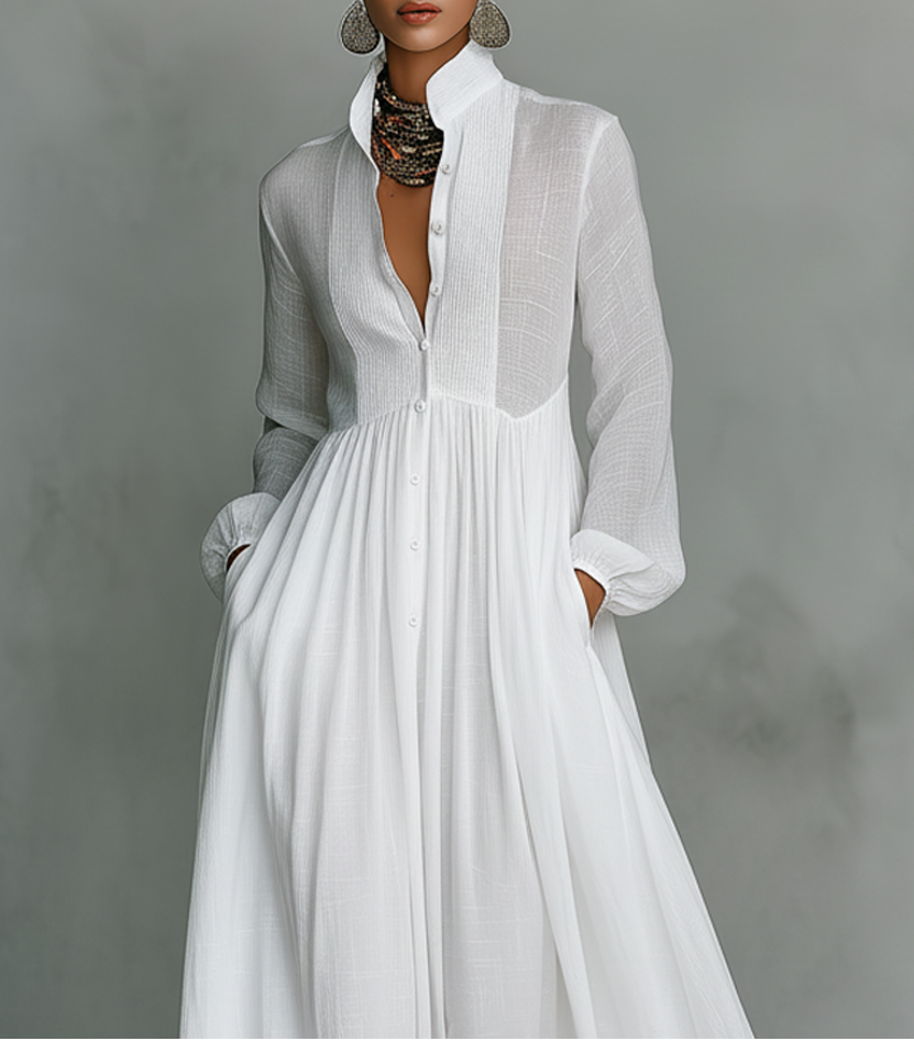 Elisa | und Maxi-Kleid für Damen mit Patchwork, hohem Kragen und langen Ärmeln | Minimalistischer Stil