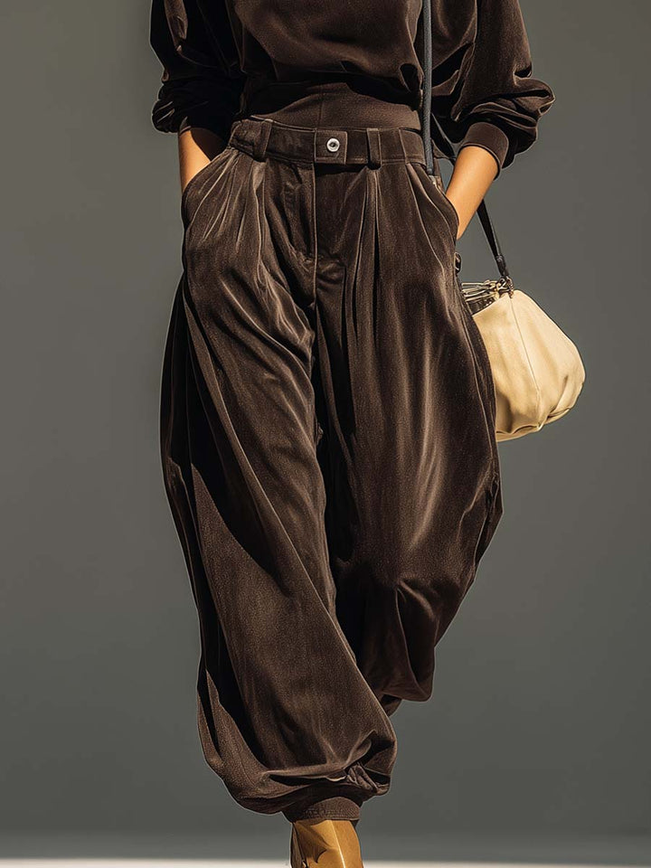 Retro Brauner Hoodie und Entspannte Hose Set (Gürtel Inklusive) für Damen