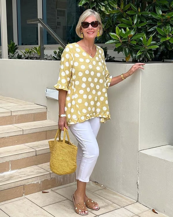 Chloe | Stylische V-Ausschnitt Bluse mit Punkten und langen Ärmeln