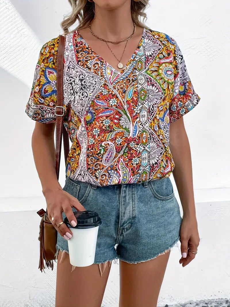 Livia | Lockeres Sommer-Paisley-Top für Damen mit V-Ausschnitt und kurzen Ärmeln