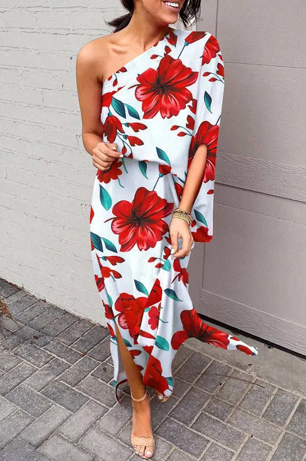 Rosie Ein-Schulter Bedrucktes Maxikleid für Damen mit Seitenschlitz
