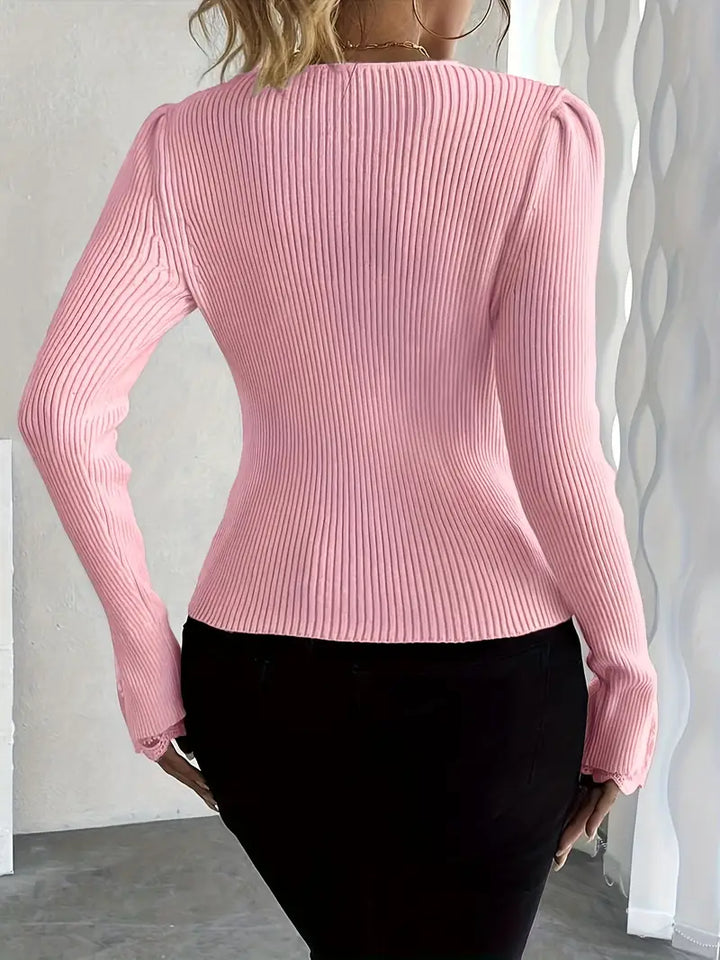 V-Ausschnitt Rippentop Cardigan für Damen mit ärmeln und Blumenmuster
