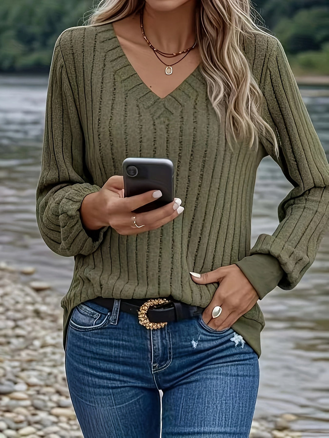 Joan | Stilvolles Ripp-V-Ausschnitt Sweatshirt für Damen