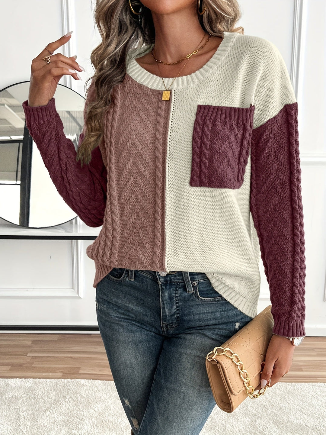 Mara | Damen Pullover mit Tasche und Rundhalsausschnitt