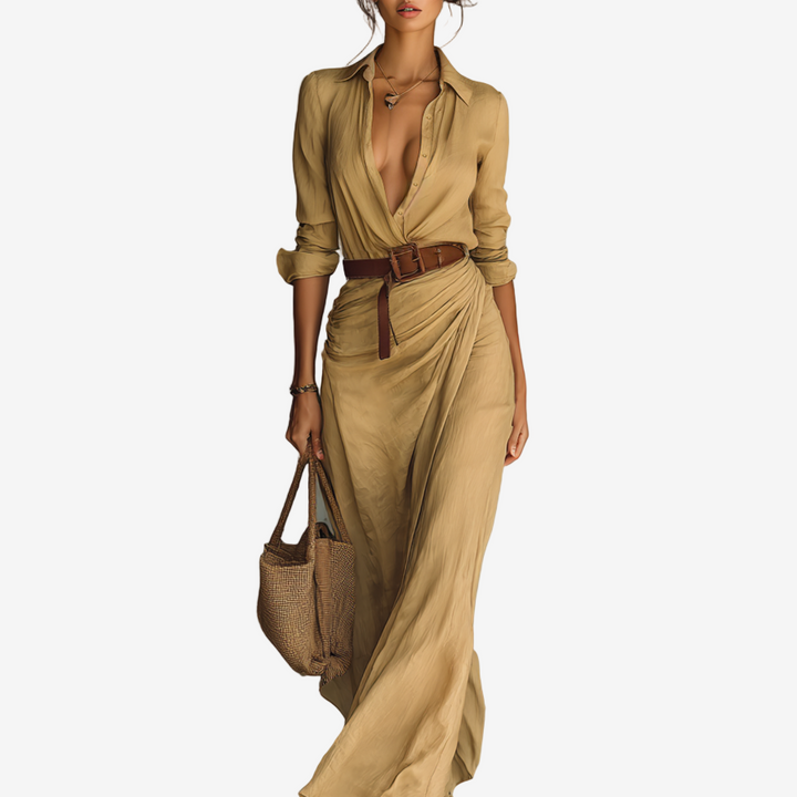 Alena Maxi Élégante Kleid für Damen mit V-Ausschnitt und langen Ärmeln