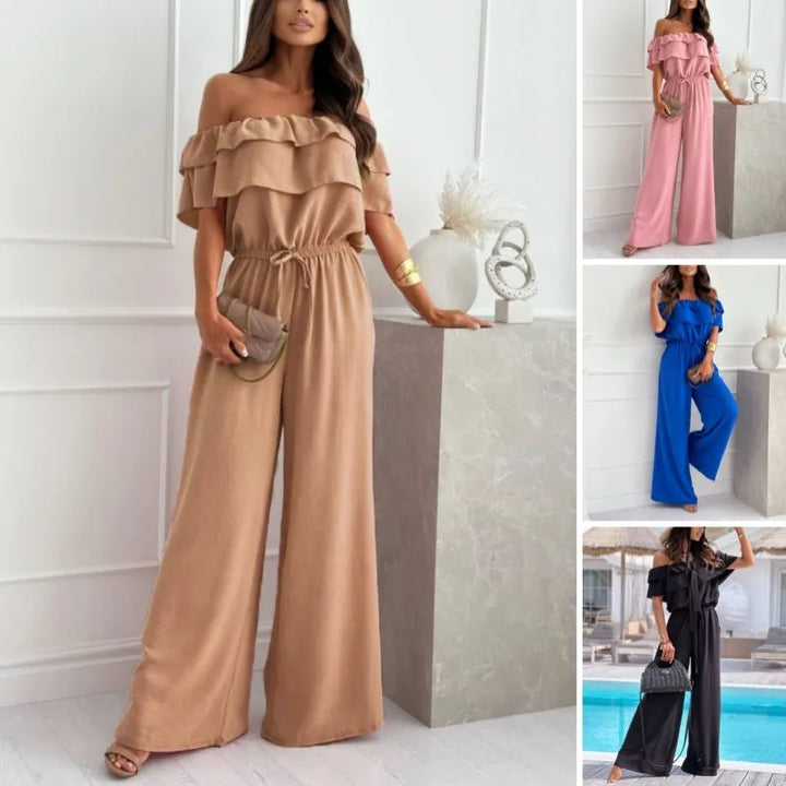 Damen Off-Shoulder Jumpsuit mit weitem Bein, Rüsche und Kordelzug