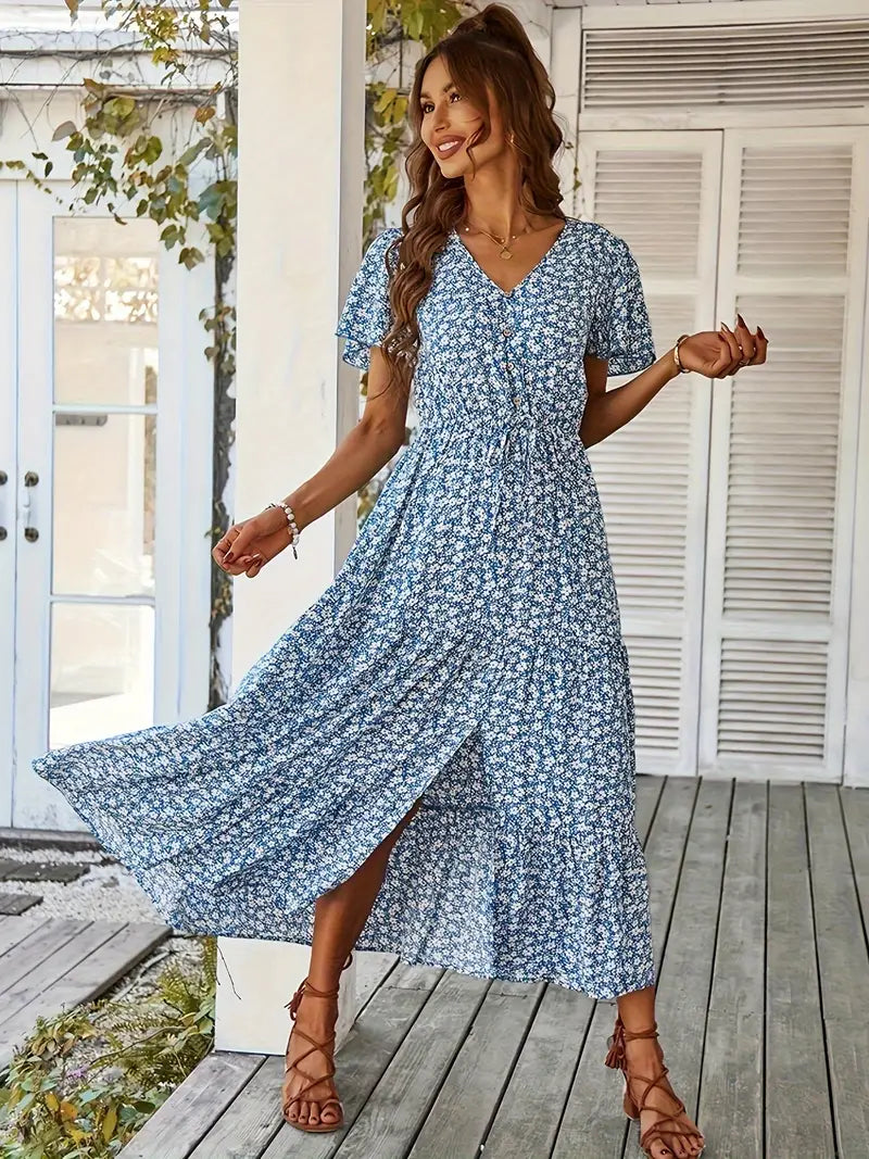 Selina | Elegante Maxikleid mit V-Ausschnitt und kurzen Ärmeln