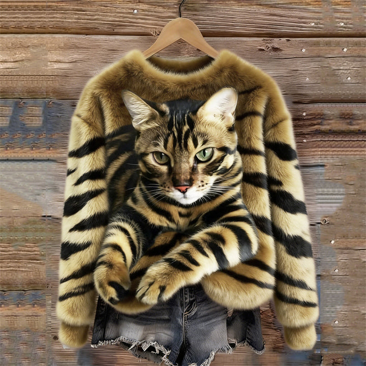 Gemütlicher Plüsch-Sweatshirt für Damen mit einem Tiger- und Tabby-Kätzchen-Design