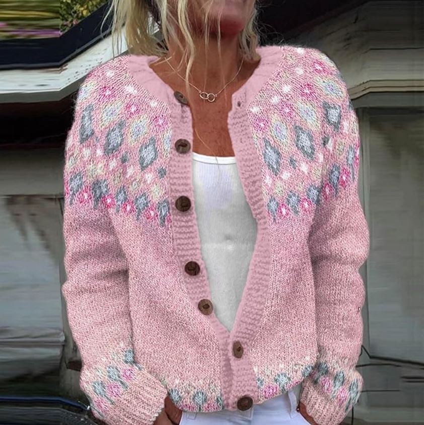 Hasel | Pink Comfort Cardigan für Damen mit Blumenmuster und Rundhalsausschnitt
