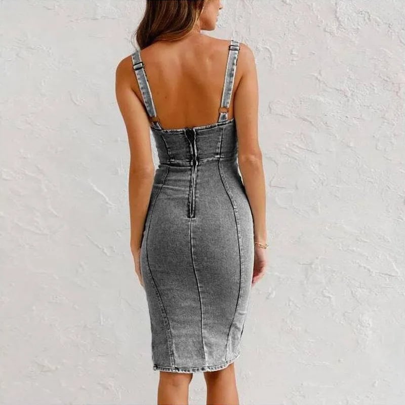 Maßgeschneidertes Denim-Midikleid für Damen mit verstellbarem Gürtel und U-Ausschnitt
