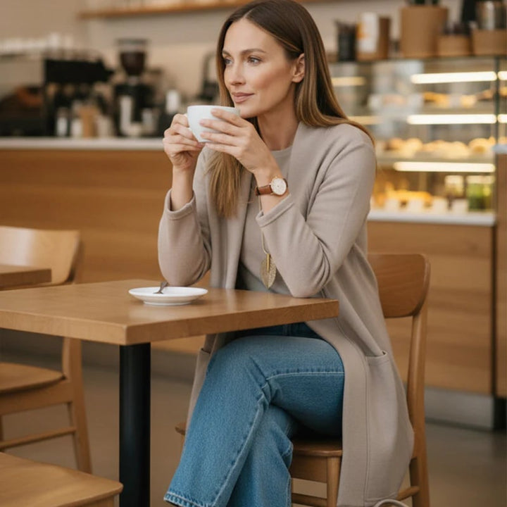 Schickes 3-teiliges Ensemble: Langer Cardigan, Top und Hose für Damen