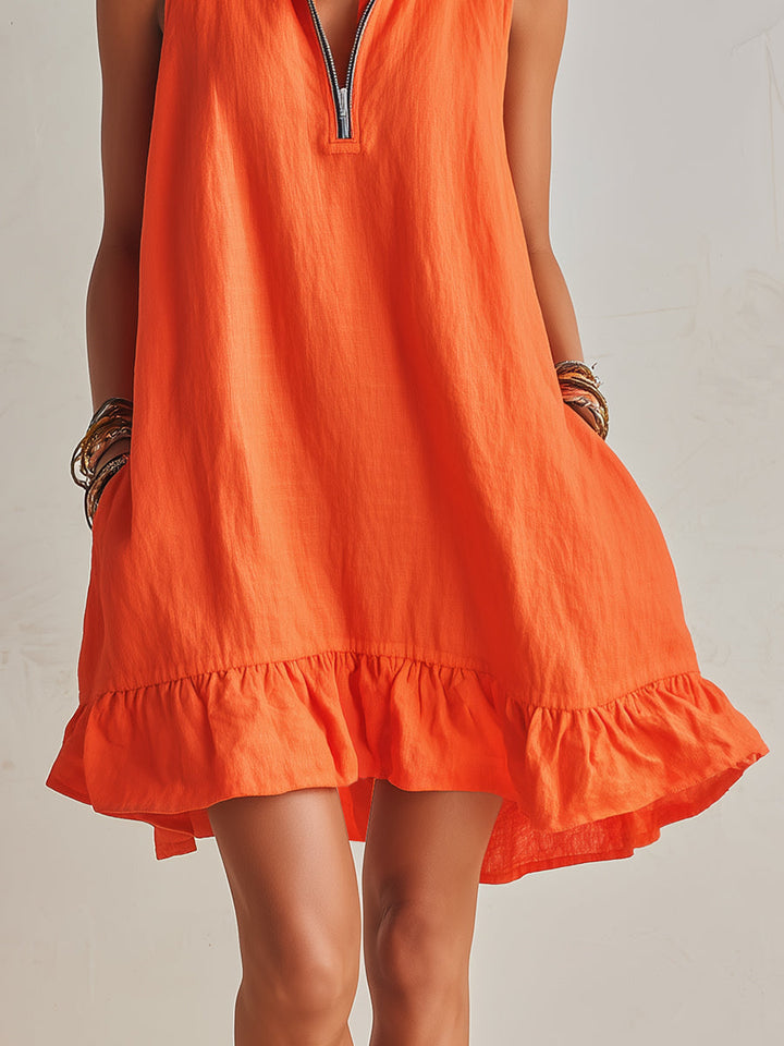 Helles Orange Halb-Reißverschluss Mini-Kleid für Damen mit Rüschensaum und Stehkragen