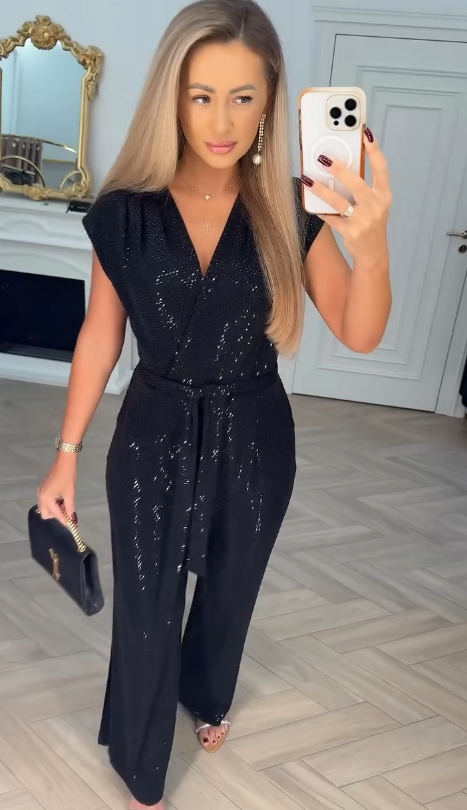 Pailletten-Einfarbiger Jumpsuit für Damen mit Bindungsdetail