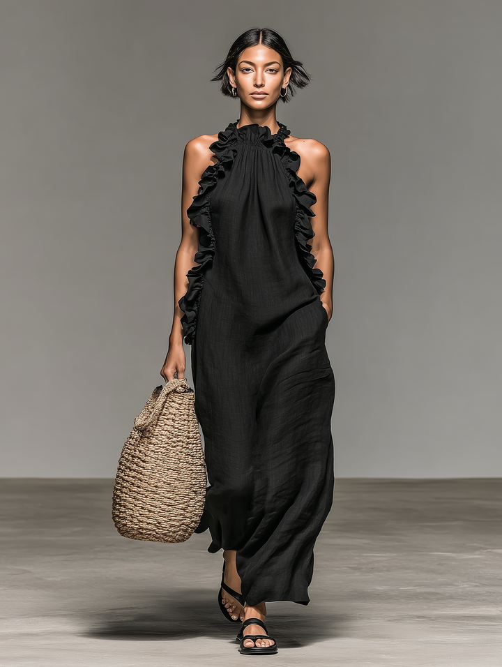 Emma | Damen Ärmelloses Halter Maxikleid mit Rüschen