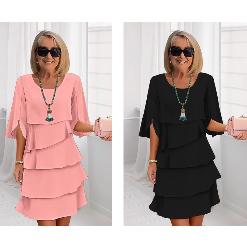 Chic Schichtkleid für Damen mit Puffärmeln und Rundhalsausschnitt