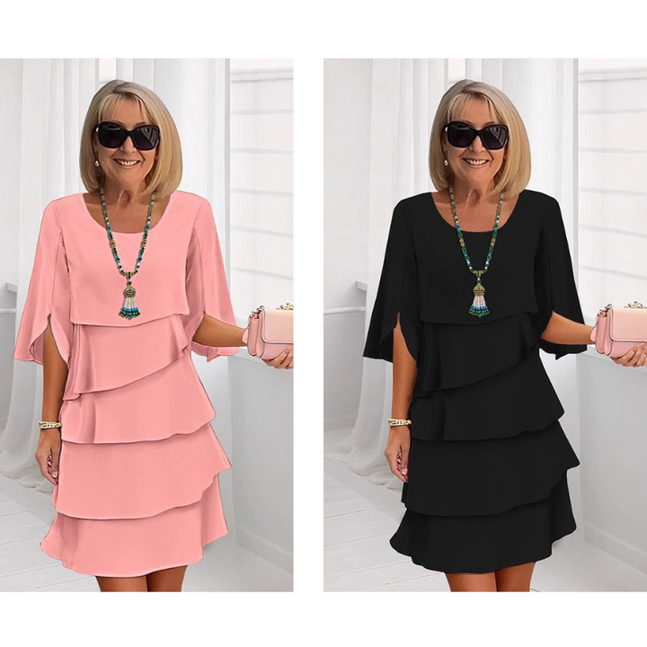 Chic Schichtkleid für Damen mit Puffärmeln und Rundhalsausschnitt