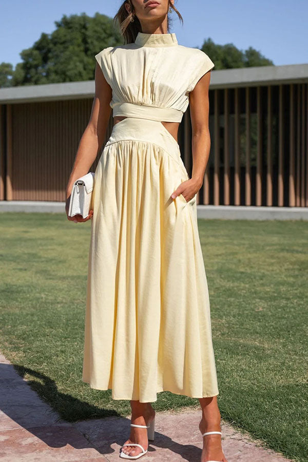 Quincy | Midi-Kleid für Damen mit Cut-Out und Taschen und Rundhalsausschnitt