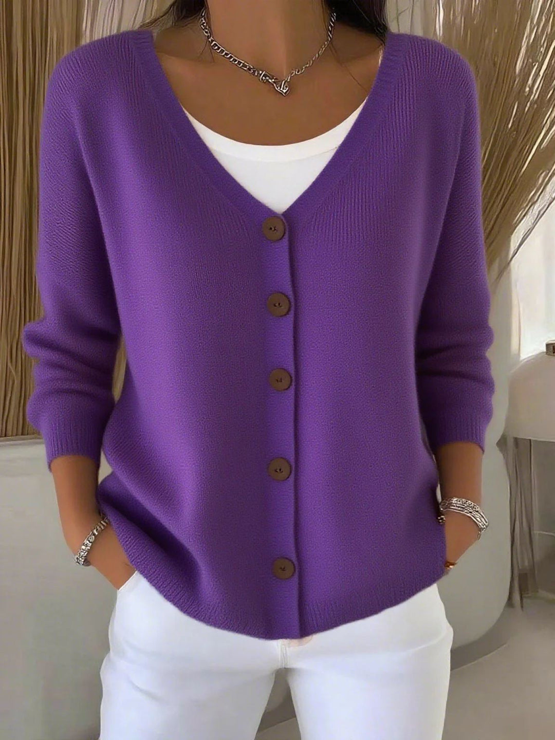 Olivia | Langarm V-Ausschnitt Knopf Pullover für Damen