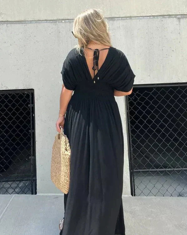 Barbara | Elegantes Maxikleid für Damen mit V-Ausschnitt und kurzen Ärmeln