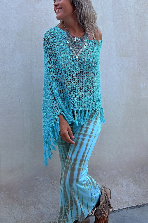 Sonnenuntergangsbrise Quasten Strick Cover-Up für Damen mit Ausschnittdetails