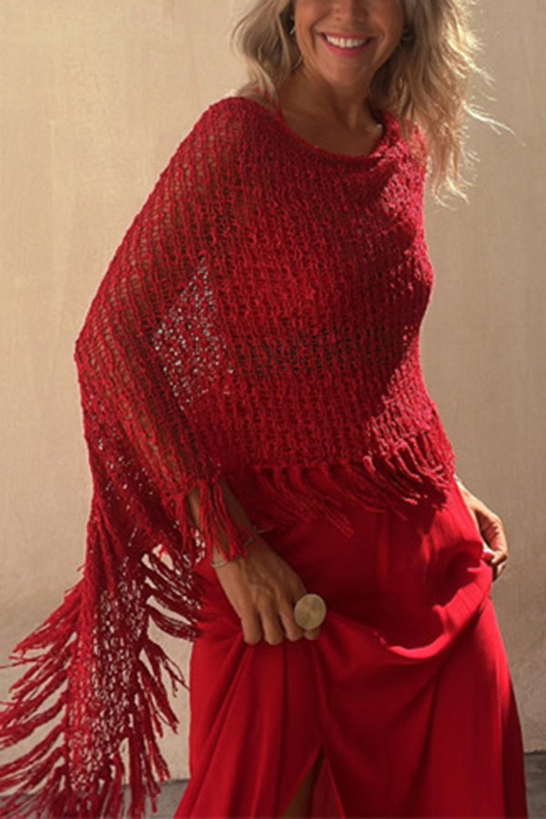Sonnenuntergangsbrise Quasten Strick Cover-Up für Damen mit Ausschnittdetails