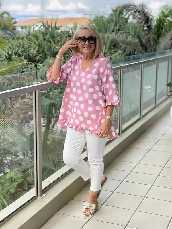 Chloe | Stylische V-Ausschnitt Bluse mit Punkten und langen Ärmeln
