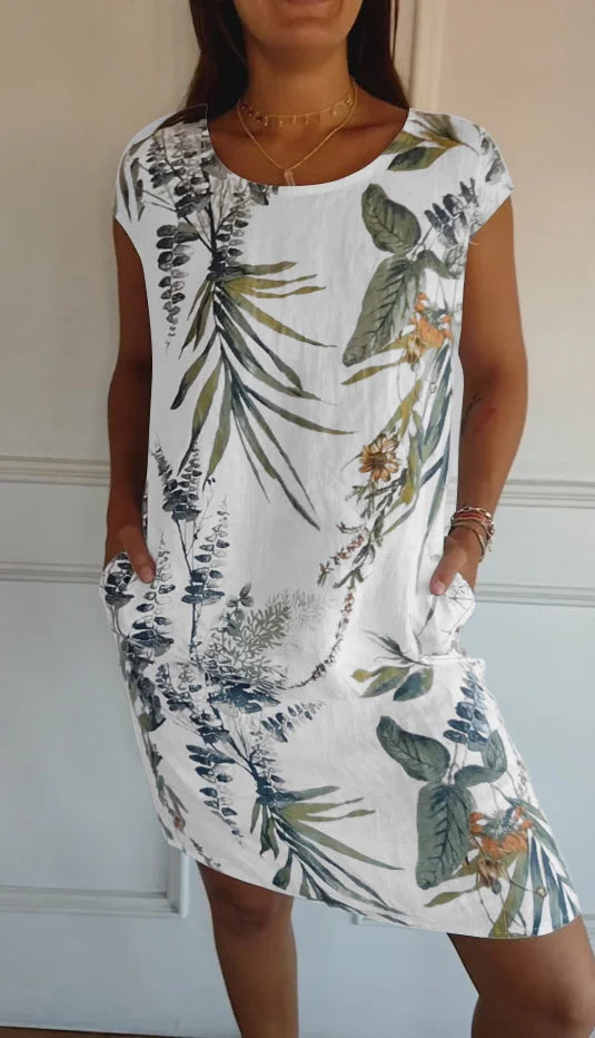 Sommerkleid für Damen mit Taschen und lebhaftem Druck und Blumenmuster